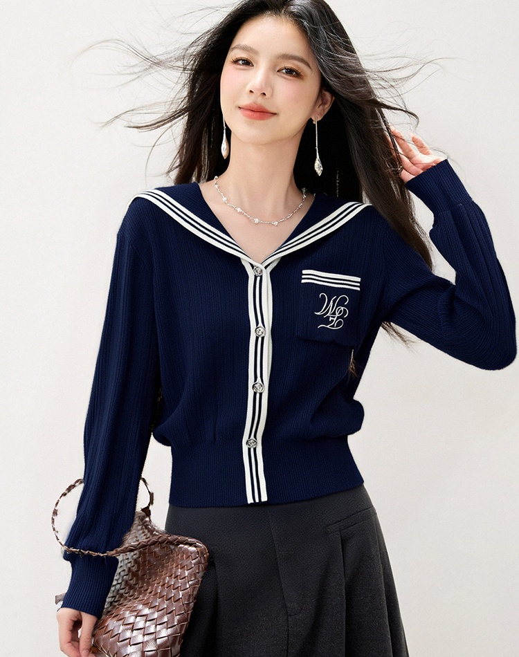 Knitted college style jacket stripe navy collar cardigan