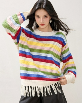 Colors tassels knitted cardigan long sleeve Korean style coat