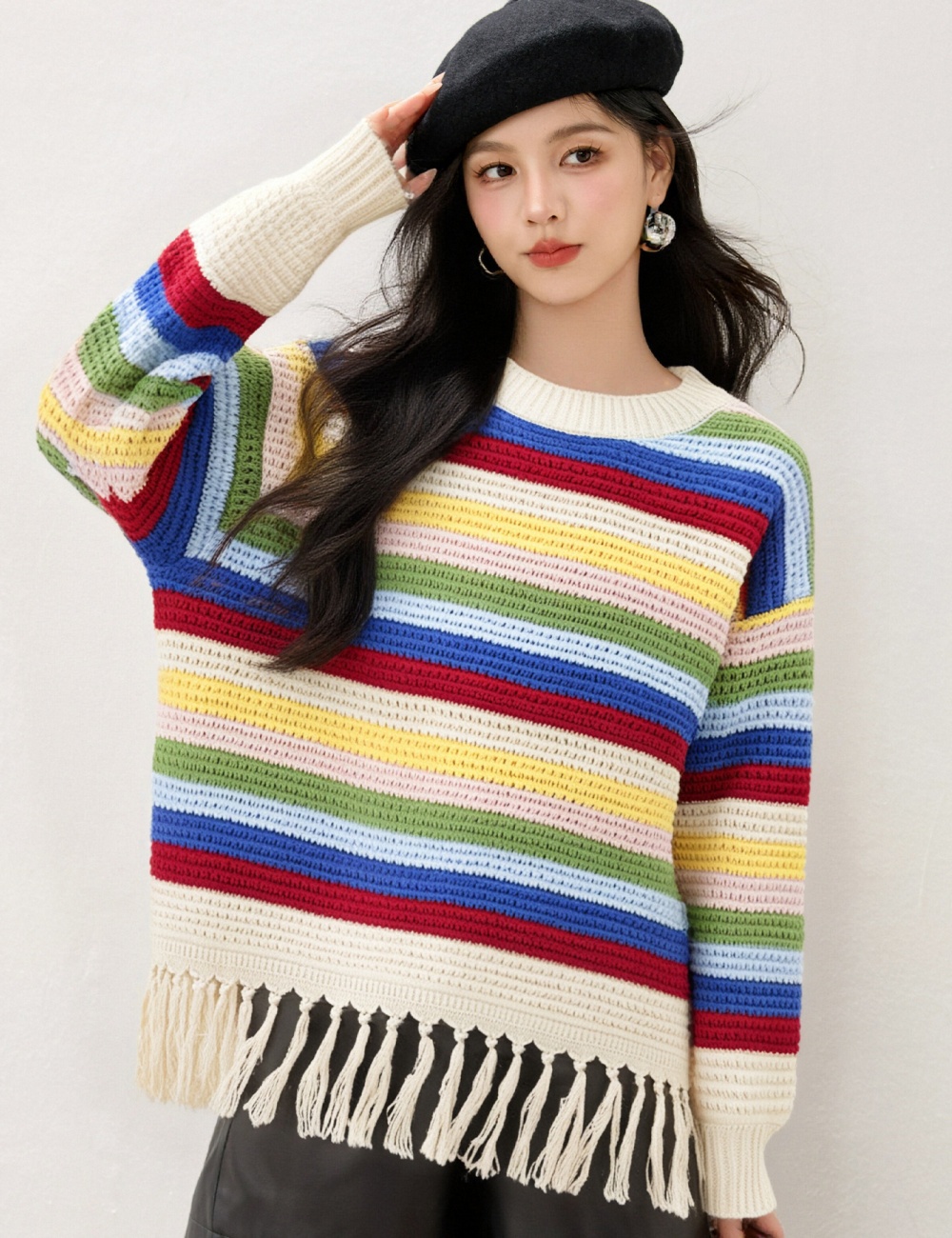 Colors tassels knitted cardigan long sleeve Korean style coat