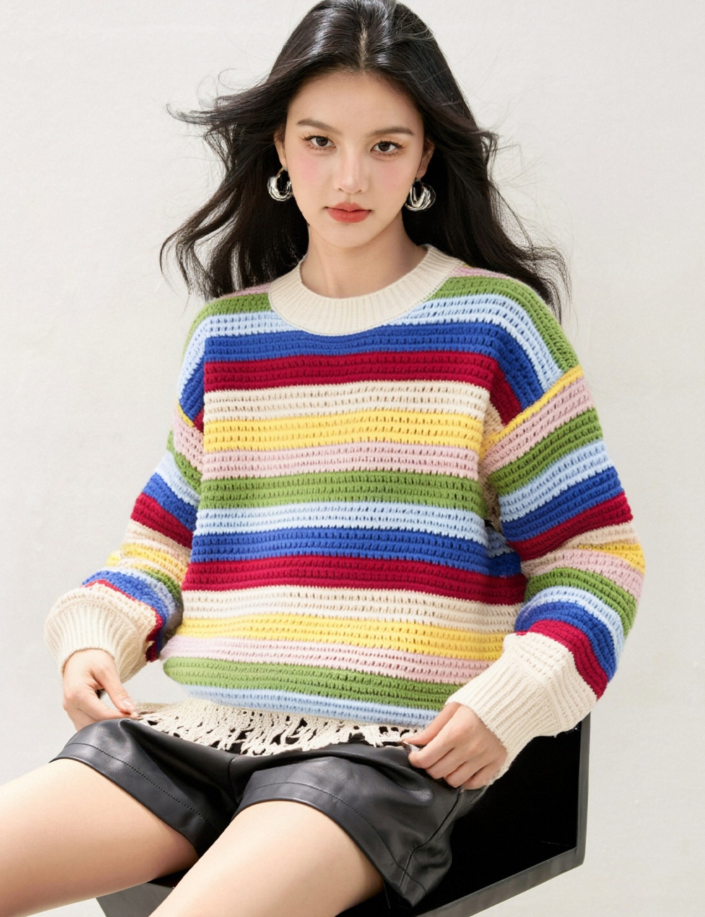 Colors tassels knitted cardigan long sleeve Korean style coat