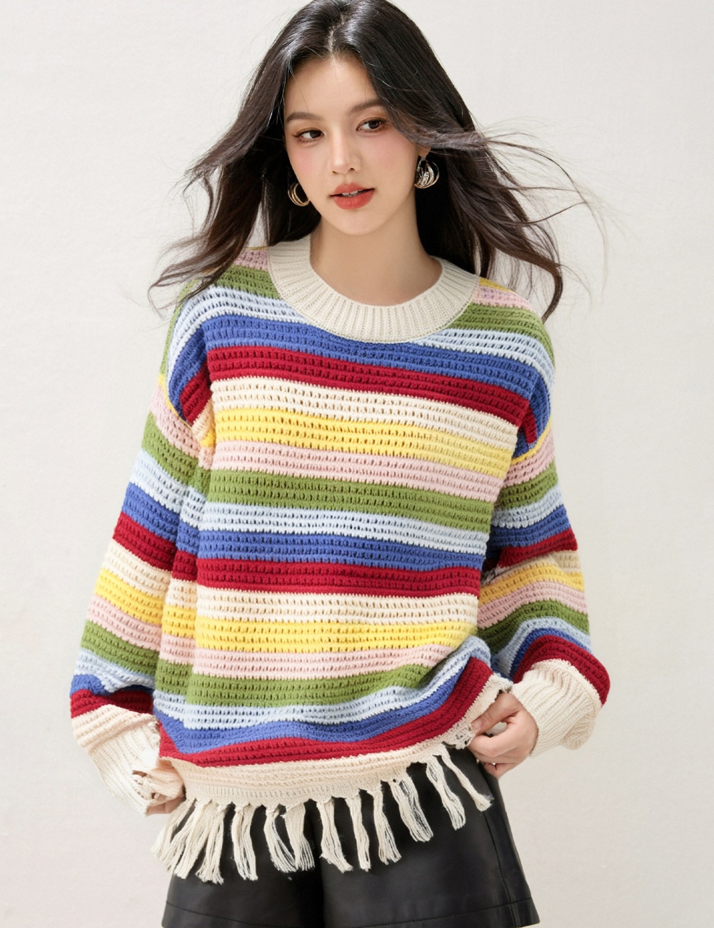Colors tassels knitted cardigan long sleeve Korean style coat