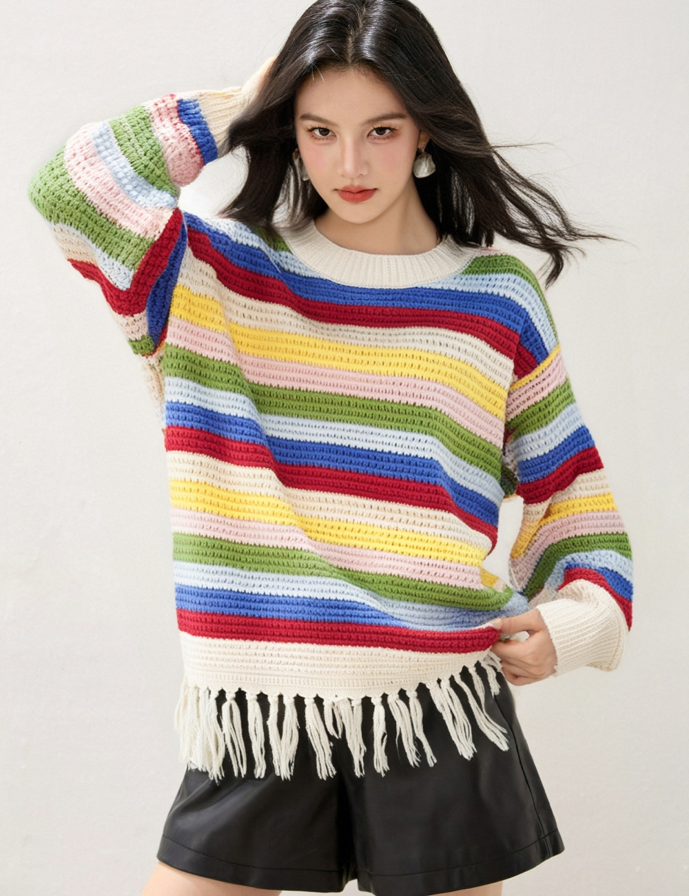 Colors tassels knitted cardigan long sleeve Korean style coat