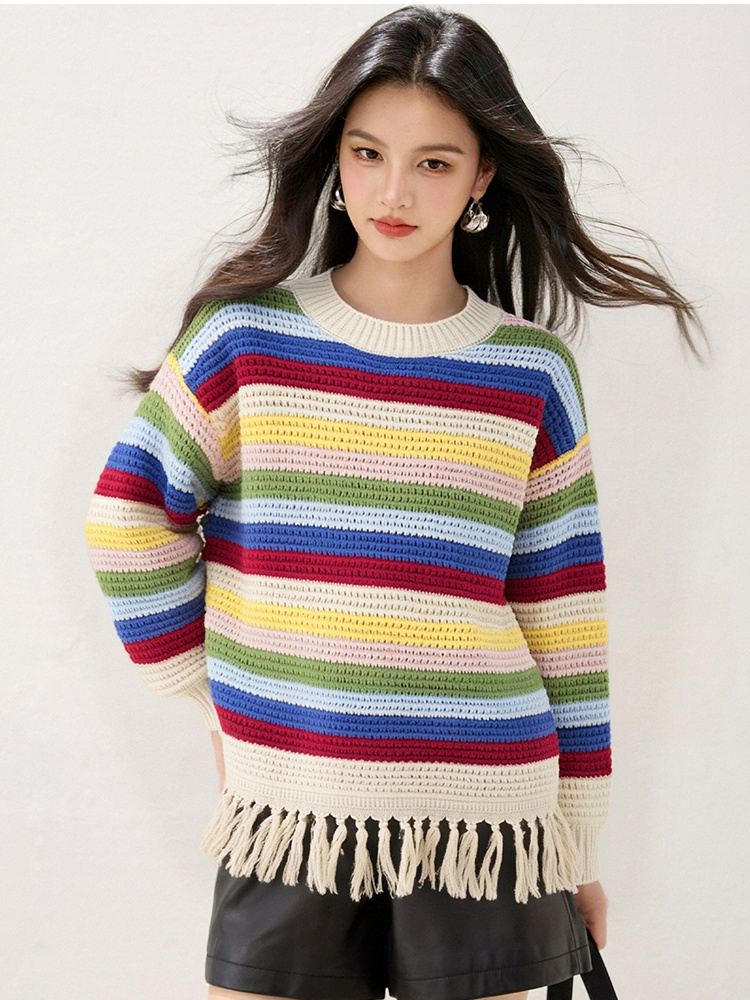Colors tassels knitted cardigan long sleeve Korean style coat