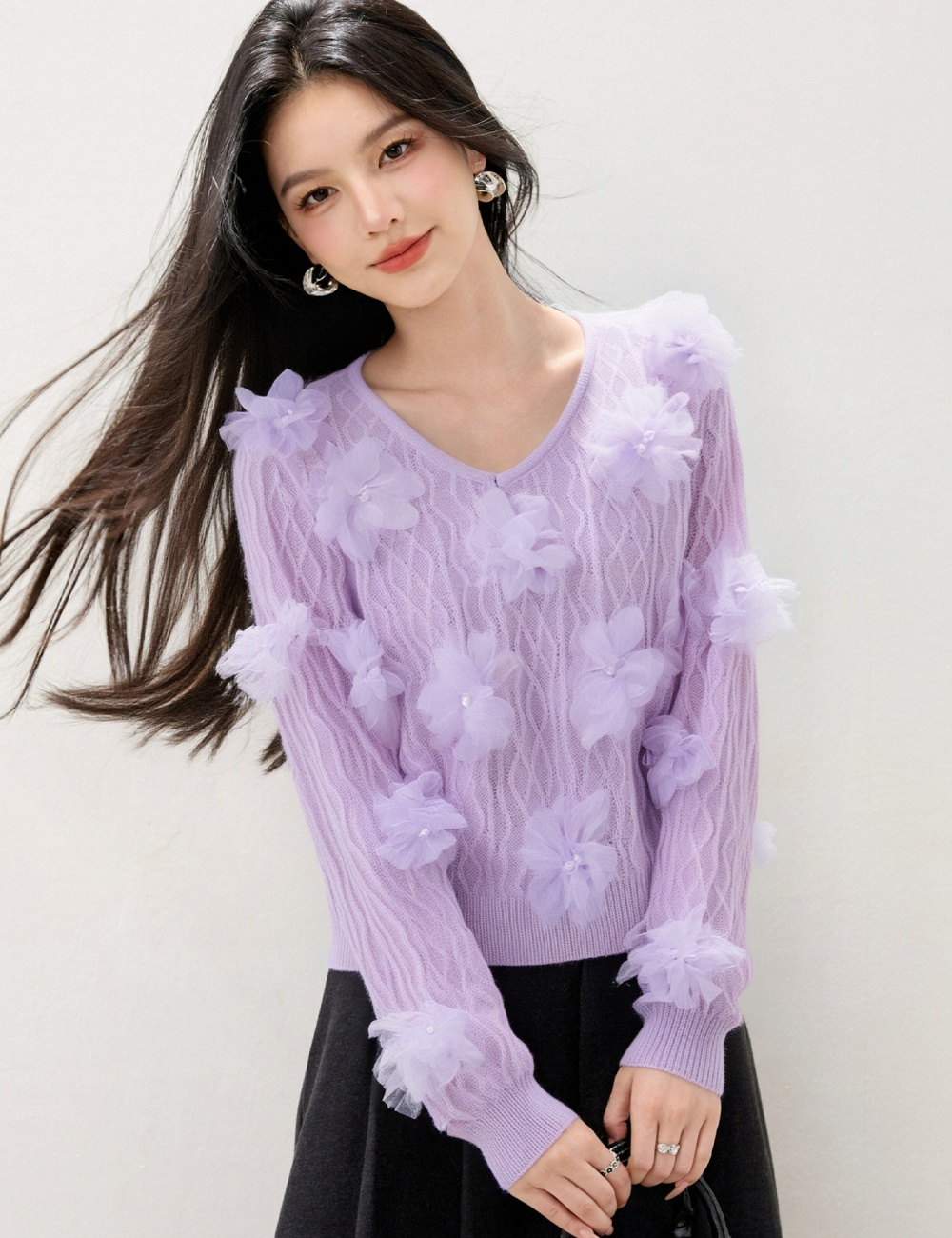V-neck autumn and winter quilted tops flowers long sleeve sweater