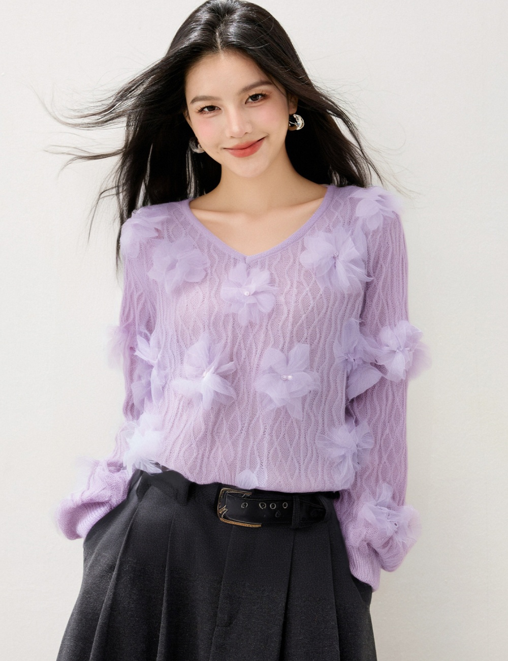 V-neck autumn and winter quilted tops flowers long sleeve sweater