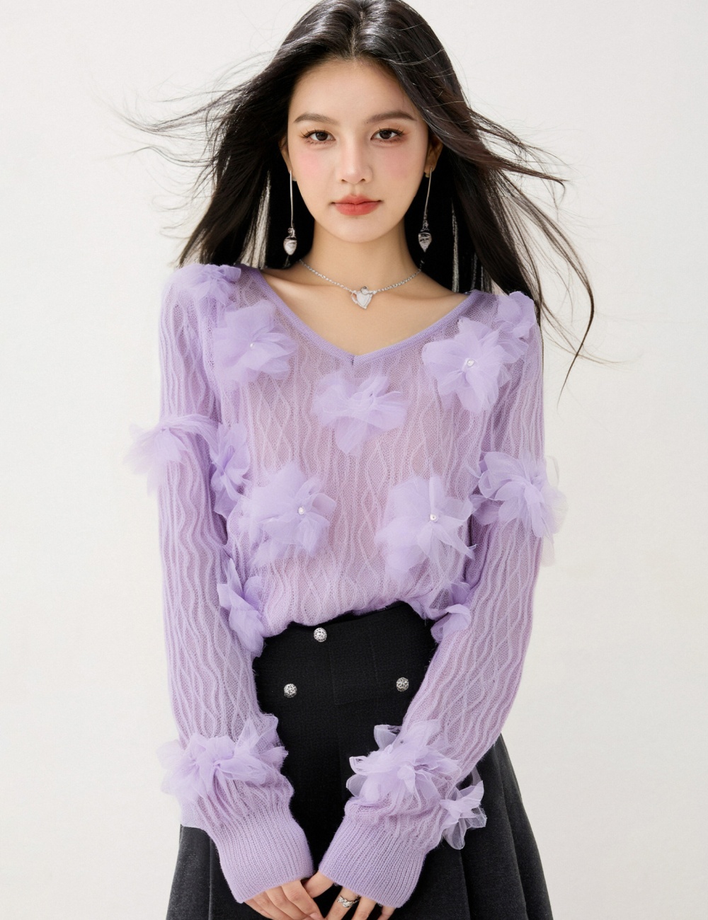V-neck autumn and winter quilted tops flowers long sleeve sweater
