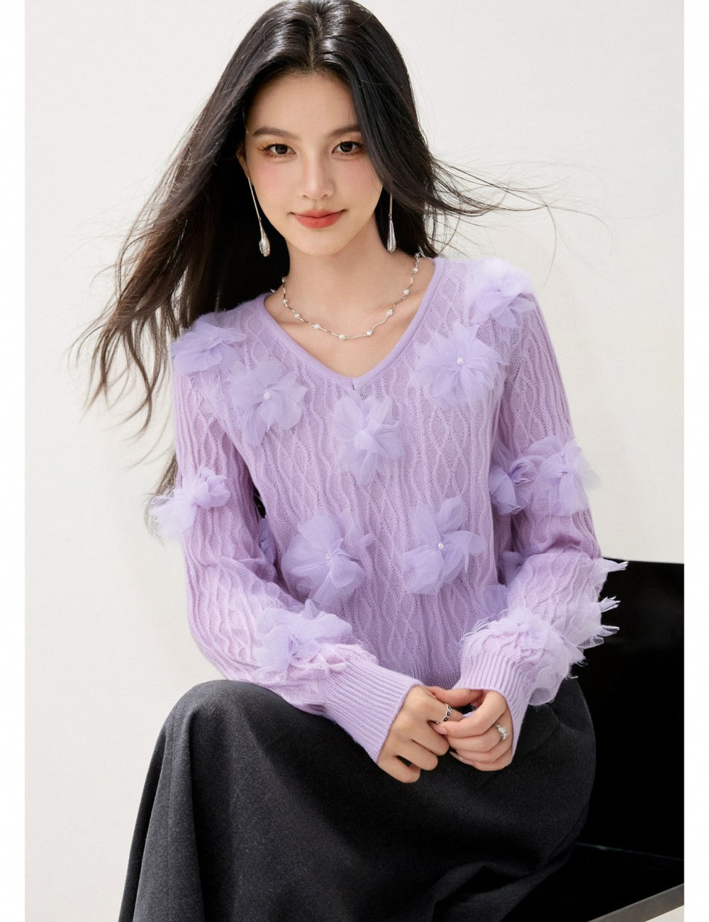 V-neck autumn and winter quilted tops flowers long sleeve sweater