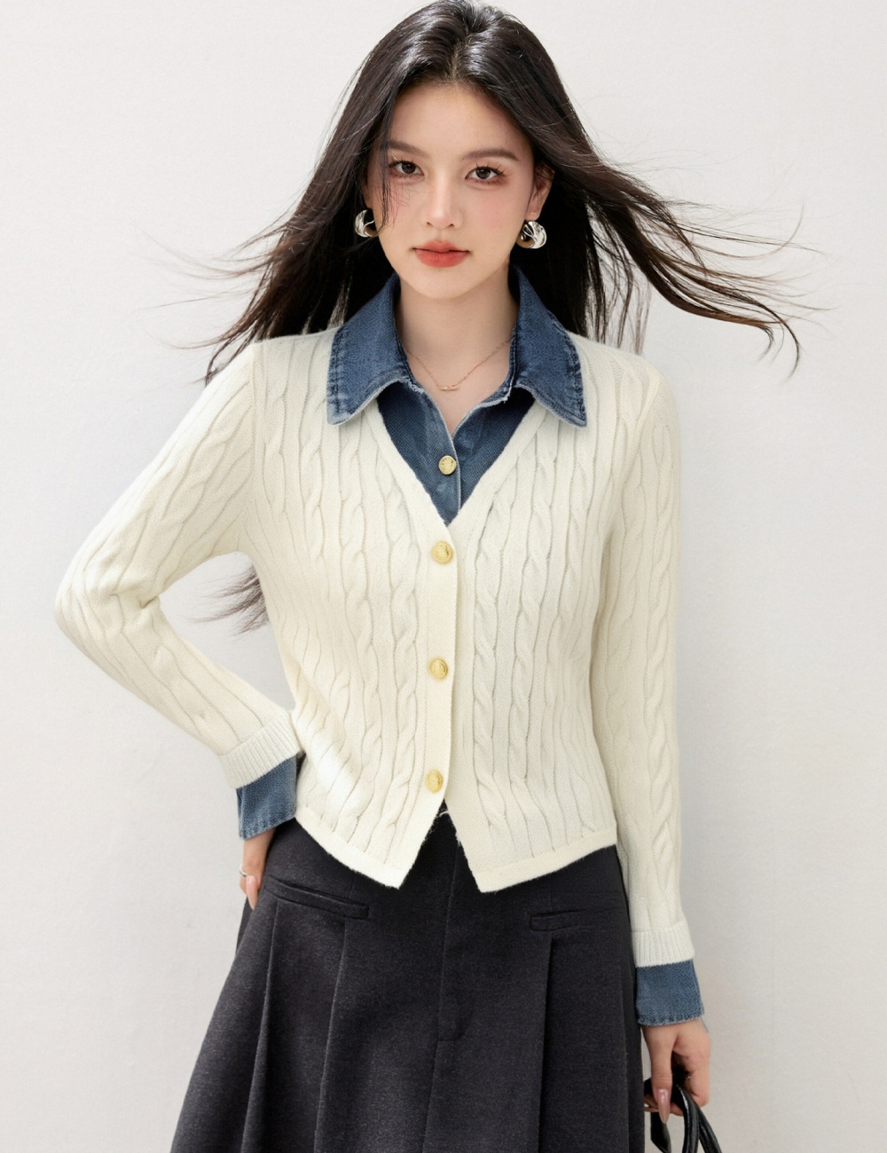 All-match long sleeve Pseudo-two sweater