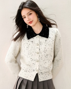 Lapel knitted coat red mixed colors cardigan for women