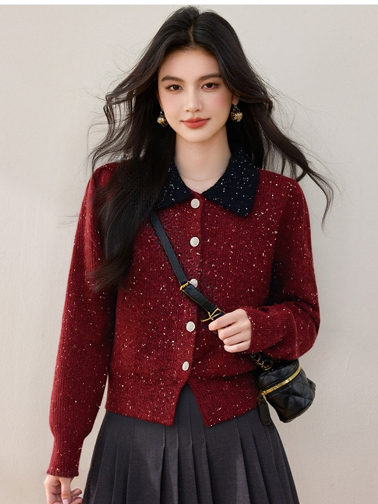 Lapel knitted coat red mixed colors cardigan for women