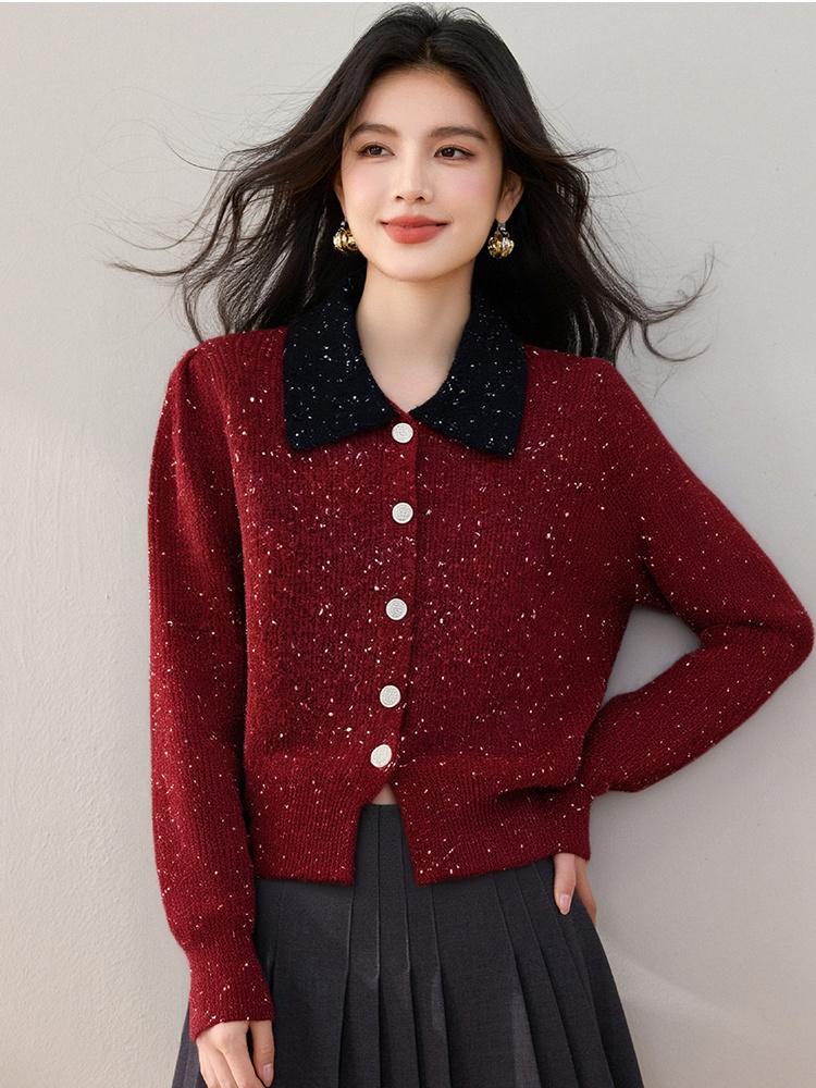 Lapel knitted coat red mixed colors cardigan for women