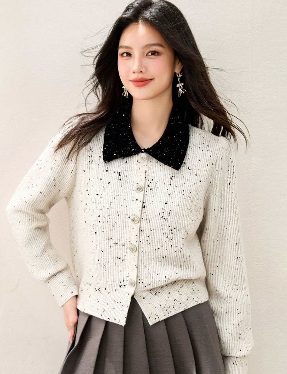Lapel knitted coat red mixed colors cardigan for women