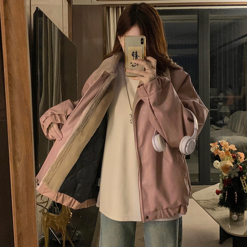 Clip cotton retro cotton coat pink leather coat for women