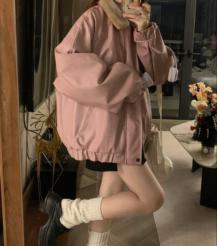 Clip cotton retro cotton coat pink leather coat for women