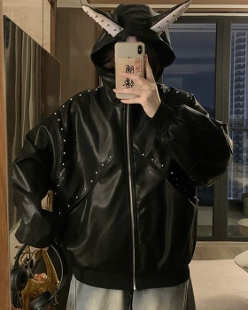 Rivet ear loose PU couples autumn and winter coat
