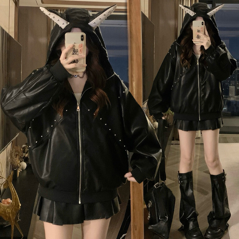 Rivet ear loose PU couples autumn and winter coat