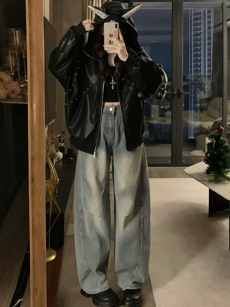 Rivet ear loose PU couples autumn and winter coat