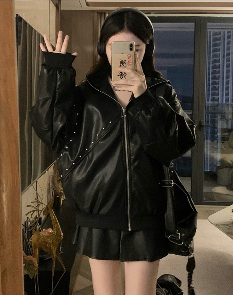Rivet ear loose PU couples autumn and winter coat