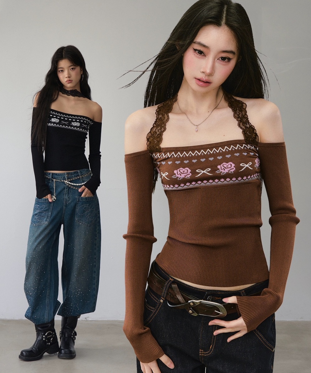Halter wear tops mixed colors sweater for women