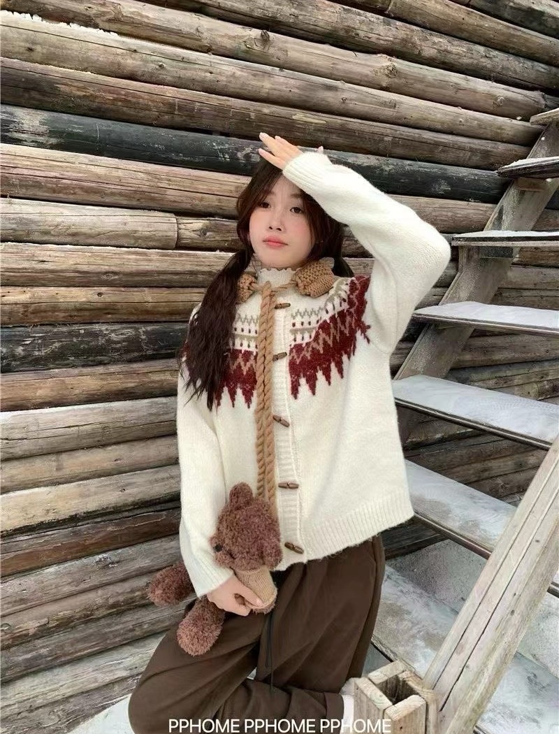 Knitted retro Korean style cardigan slim red sweater for women