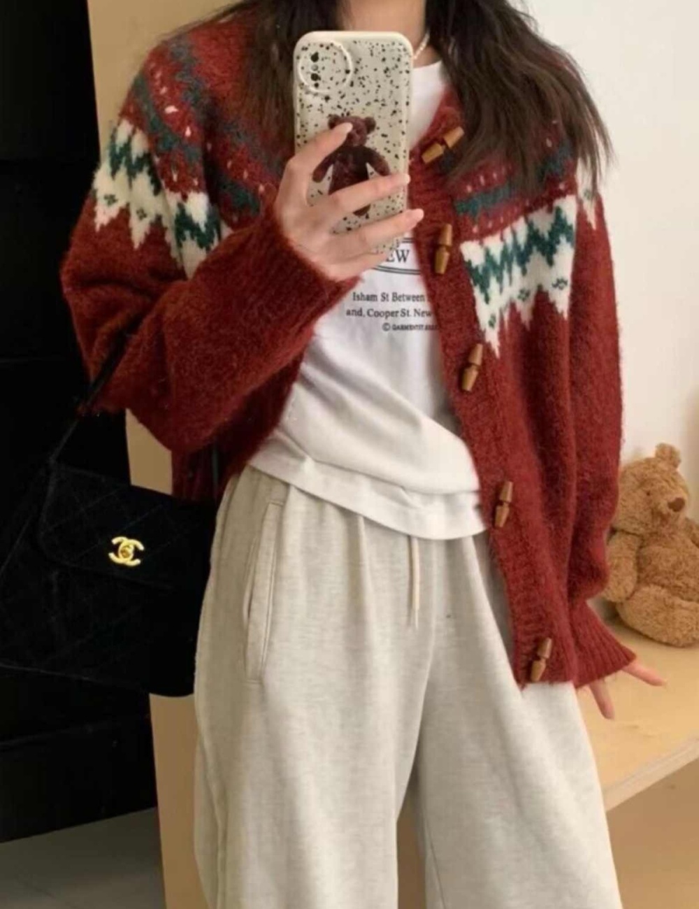 Knitted retro Korean style cardigan slim red sweater for women