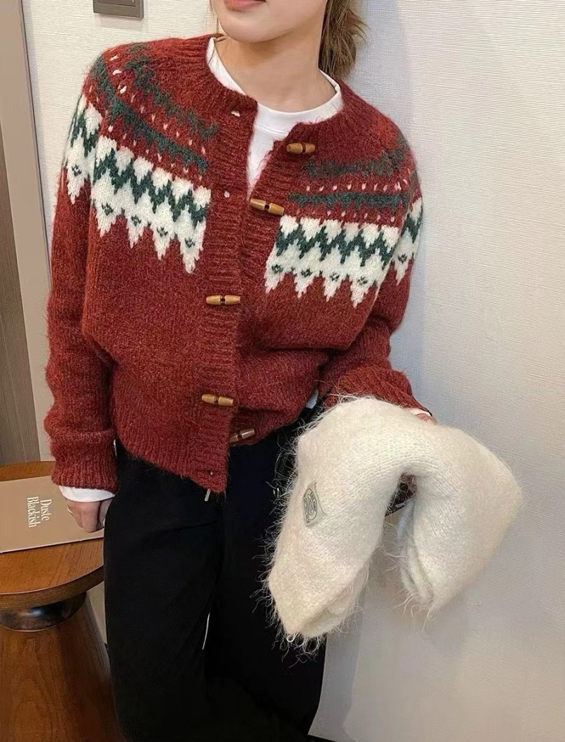 Knitted retro Korean style cardigan slim red sweater for women
