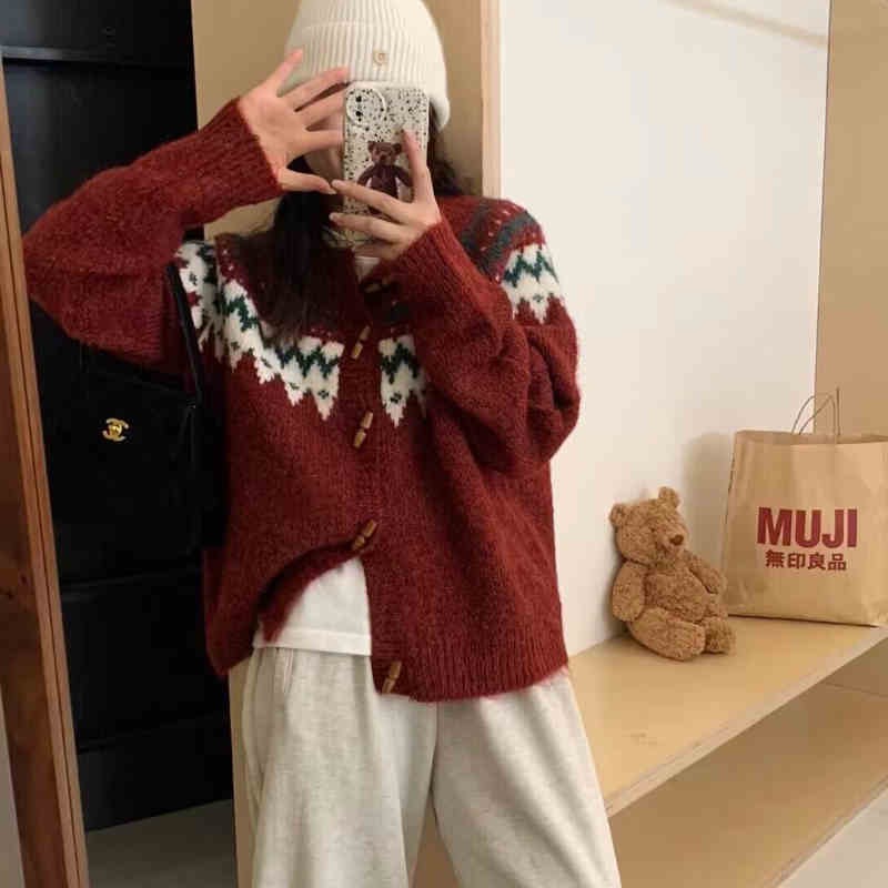 Knitted retro Korean style cardigan slim red sweater for women