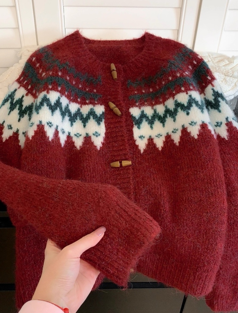 Knitted retro Korean style cardigan slim red sweater for women