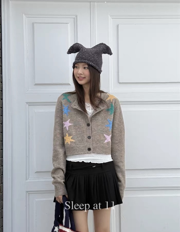 Stars short black coat knitted jacquard tops for women