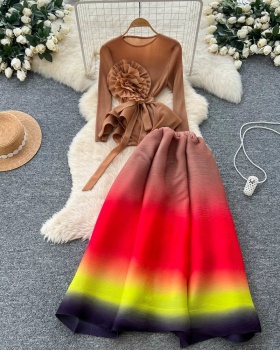 Long sleeve frenum tops gradient short skirt a set