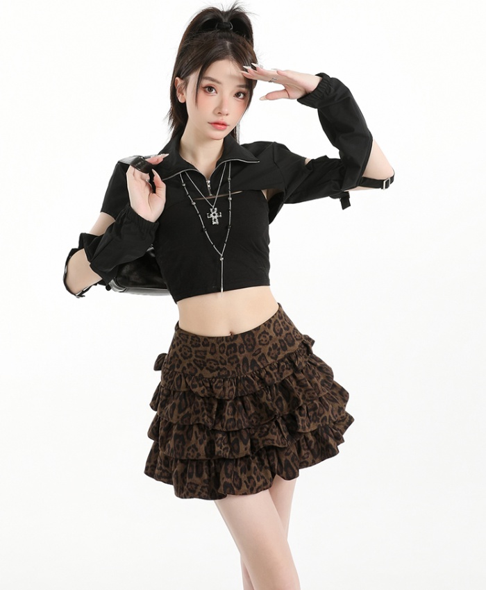 Leather cashmere A-line skirt leopard short skirt
