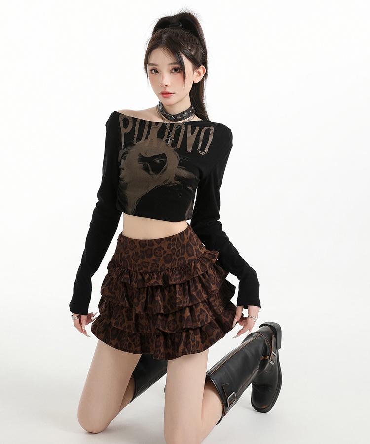 Leather cashmere A-line skirt leopard short skirt