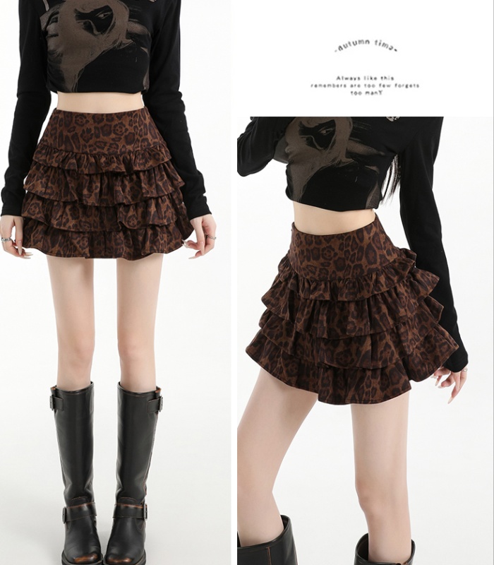 Leather cashmere A-line skirt leopard short skirt