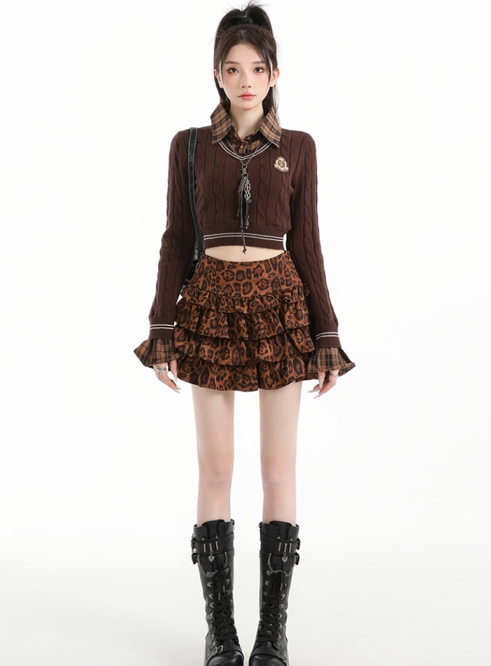 Leather cashmere A-line skirt leopard short skirt