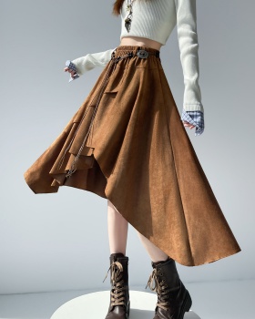 A-line leather cashmere long frenum irregular skirt for women