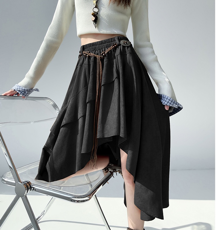 A-line leather cashmere long frenum irregular skirt for women