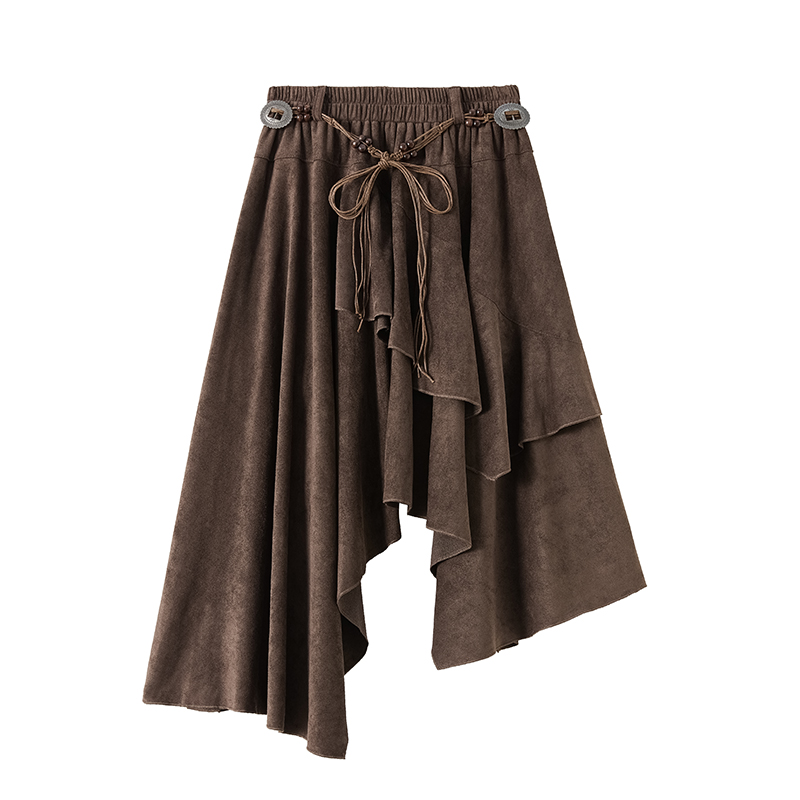 A-line leather cashmere long frenum irregular skirt for women