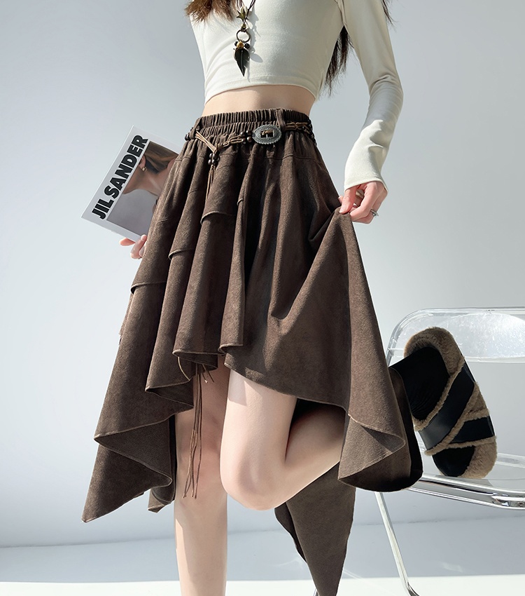 A-line leather cashmere long frenum irregular skirt for women