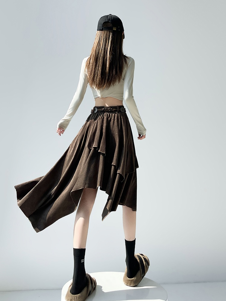A-line leather cashmere long frenum irregular skirt for women