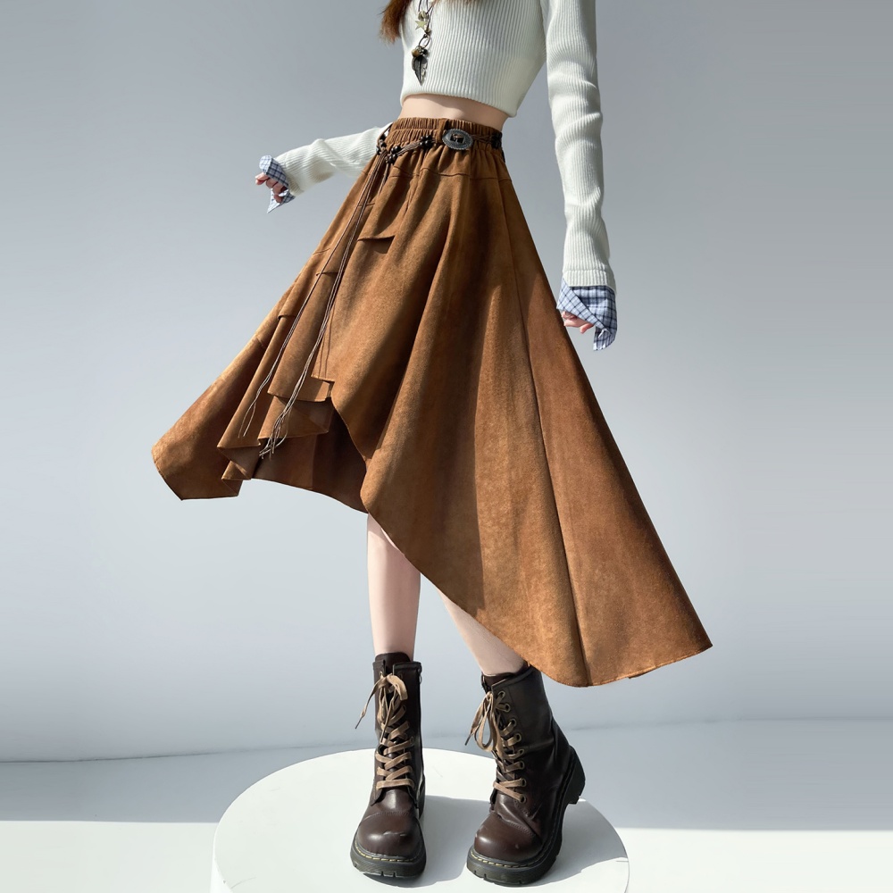 A-line leather cashmere long frenum irregular skirt for women