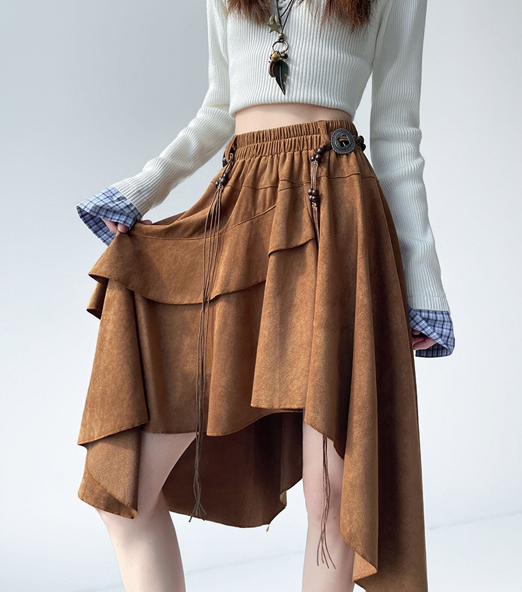 A-line leather cashmere long frenum irregular skirt for women
