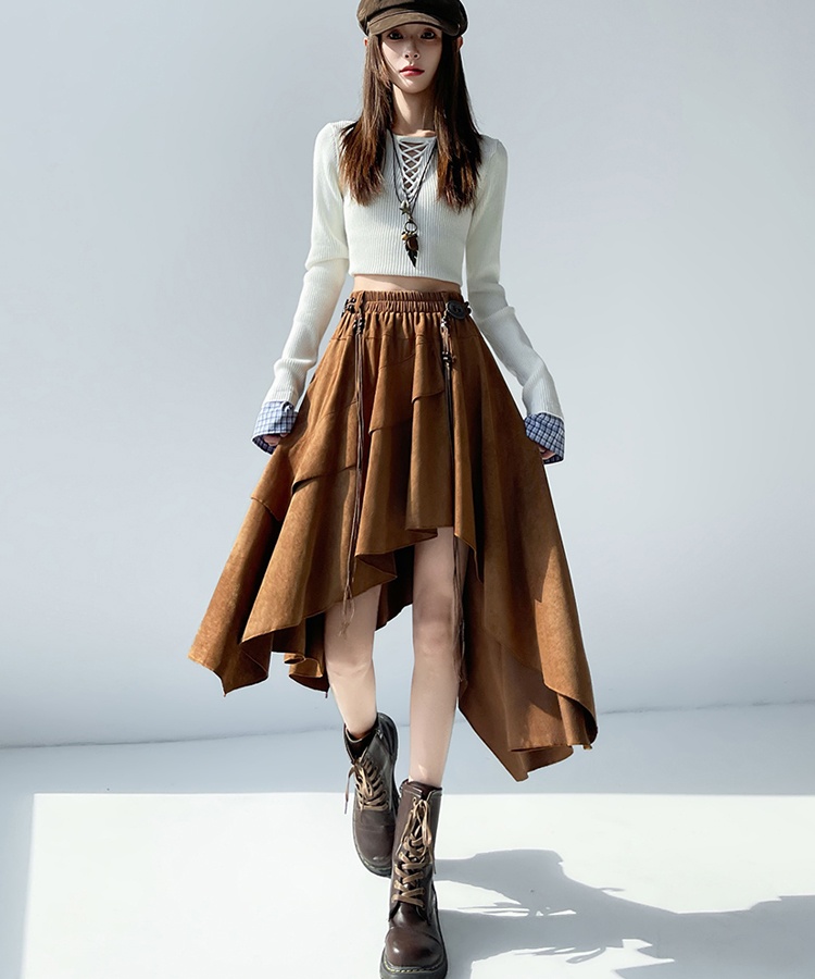 A-line leather cashmere long frenum irregular skirt for women