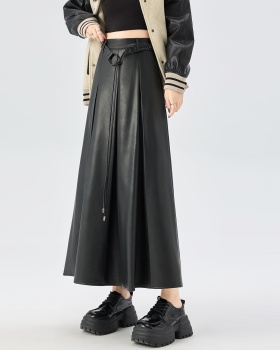 High waist long big skirt autumn and winter slim PU pleated skirt