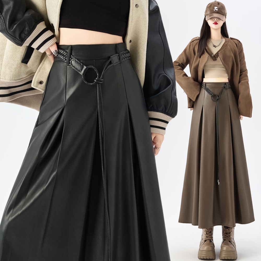 High waist long big skirt autumn and winter slim PU pleated skirt