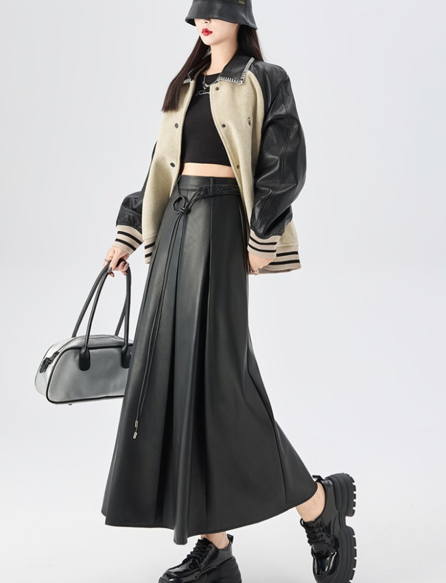 High waist long big skirt autumn and winter slim PU pleated skirt