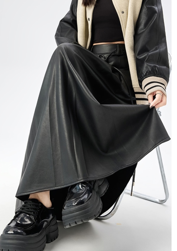 High waist long big skirt autumn and winter slim PU pleated skirt