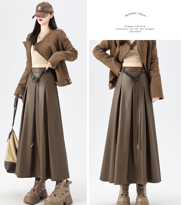 High waist long big skirt autumn and winter slim PU pleated skirt