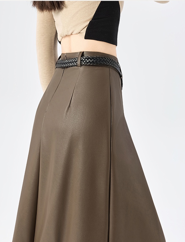 High waist long big skirt autumn and winter slim PU pleated skirt
