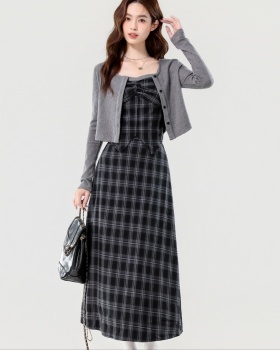 Plaid short skirt sling jacket 3pcs set