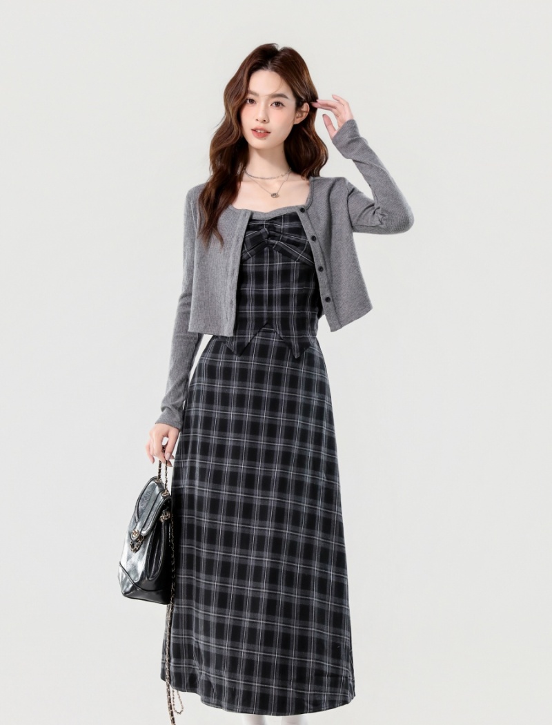 Plaid short skirt sling jacket 3pcs set